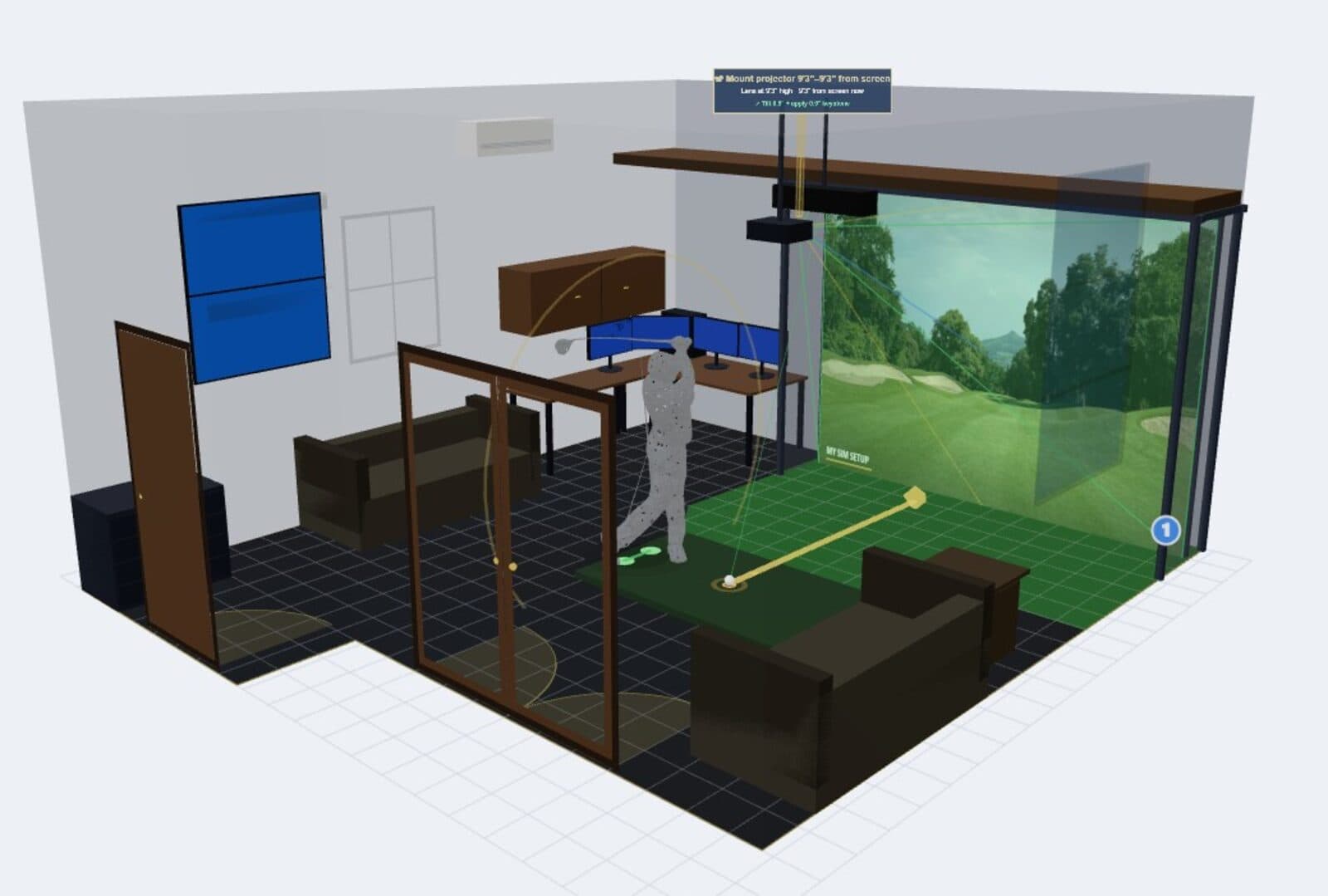 A garage golf simulator bay planned in the 3D builder: enclosure, screen, projector and seating laid out in the room