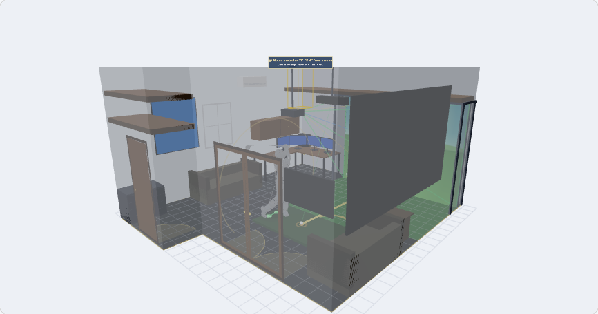 A member golf simulator build planned in the 3D builder: enclosure, screen, projector, and seating laid out in a 3D room