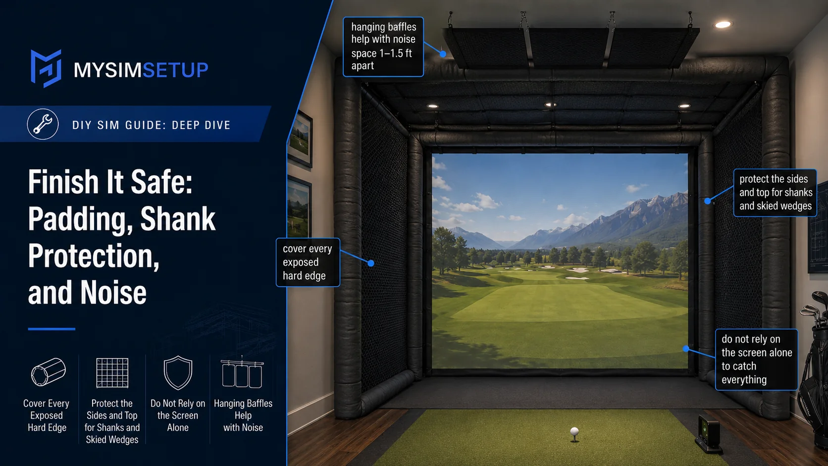 Finishing an enclosure safely: cover every exposed hard edge, protect the sides and top for shanks and skied wedges, do not rely on the screen alone to catch everything, and hang noise baffles spaced 1 to 1.5 feet apart.