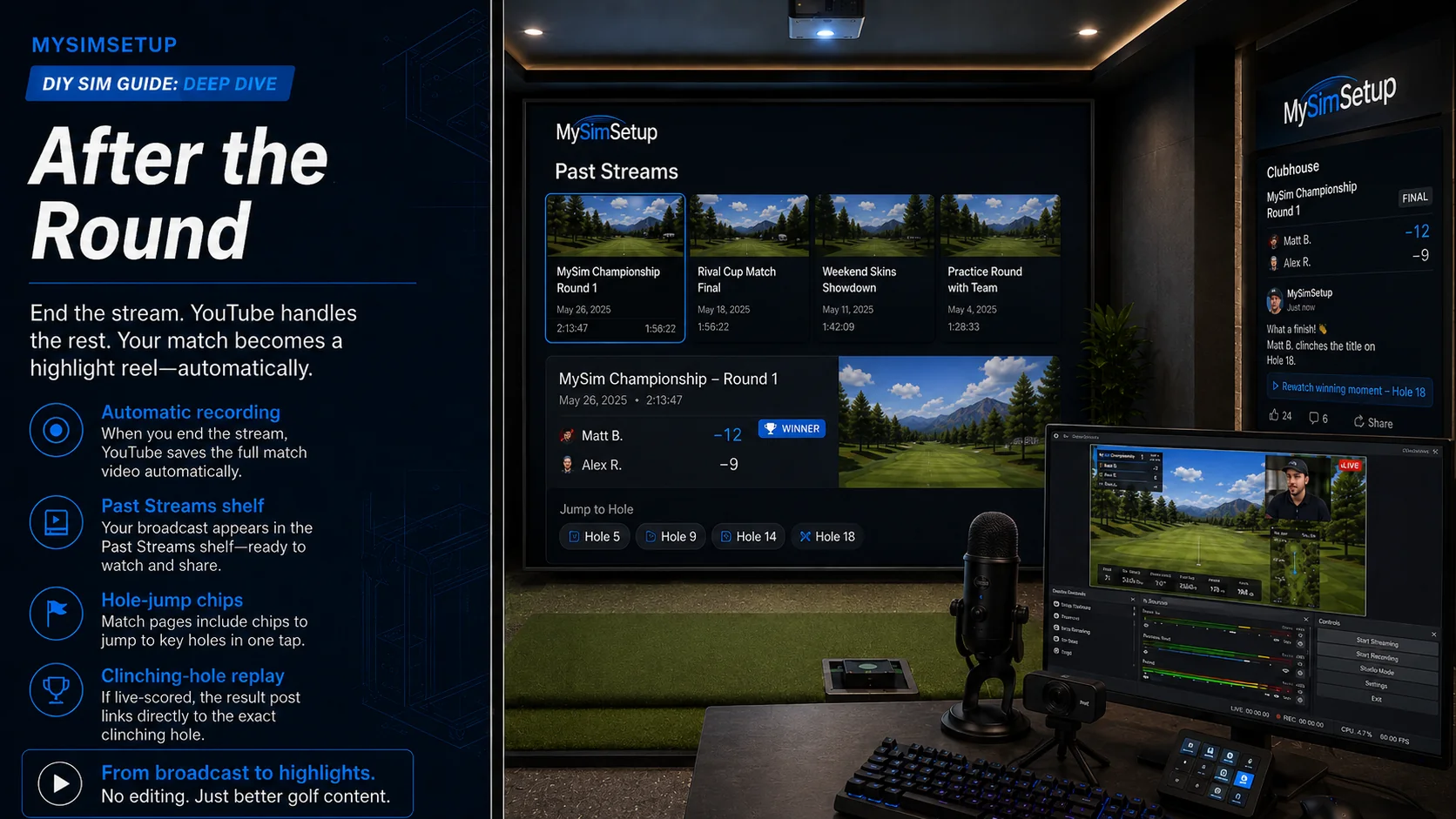 After the round: YouTube auto-saves the recording, it appears on the Past Streams shelf, the match card grows hole-jump chips, and the clinching-hole result post links straight to that moment in the video.