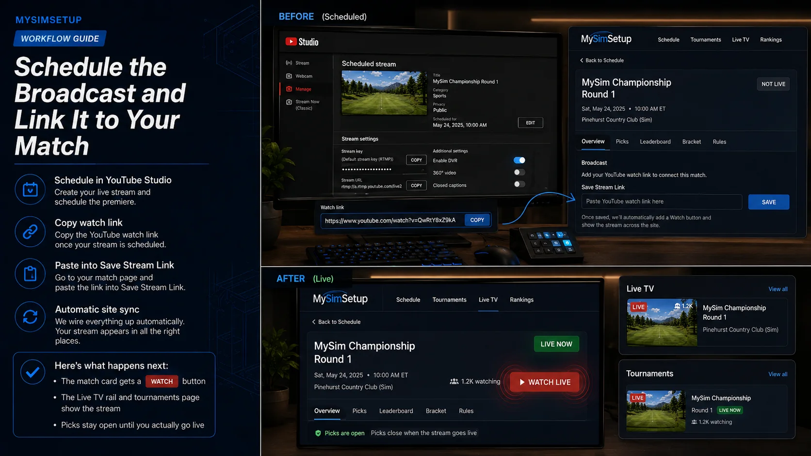 Schedule and link the broadcast: create the stream in YouTube Studio, copy the watch link, paste it into Save Stream Link on your match, and when you go live the card flips to a green Live Now chip with a pulsing Watch button across the site.