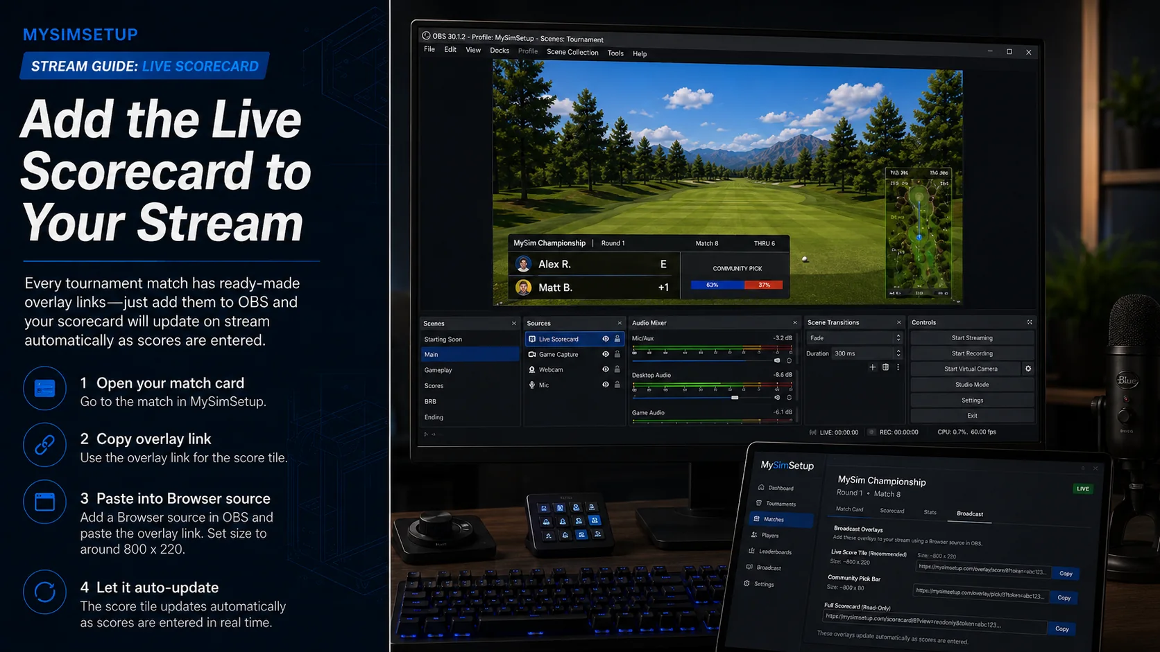Adding the live scorecard overlay: open your match card, copy the overlay link, paste it into an OBS Browser source sized around 800 by 220, and it auto-updates as scores are entered.