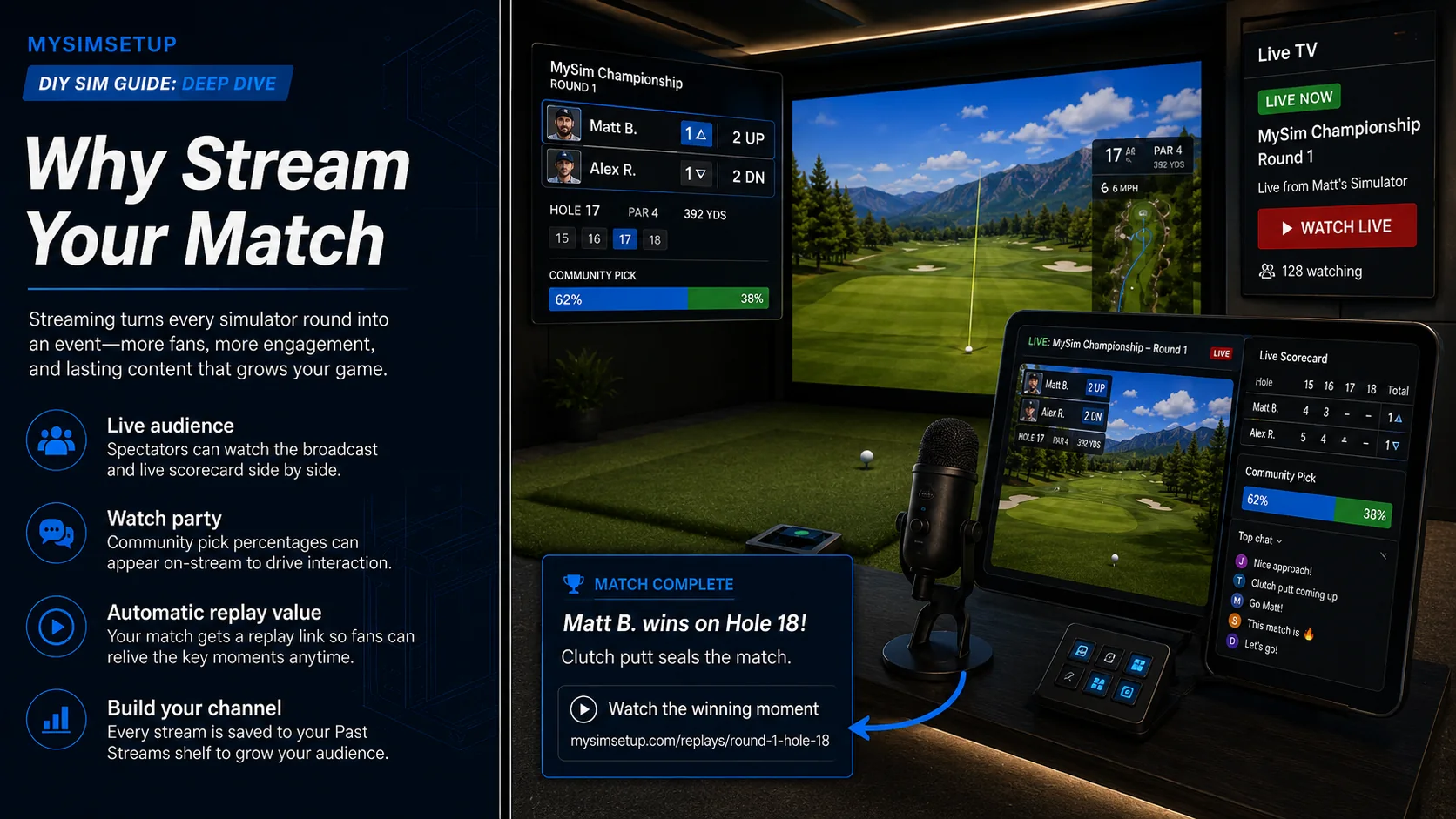 Why stream your match: spectators watch the broadcast and live scorecard side by side, the watch party shows community picks, the match auto-saves as a replay, and every stream lands on your Past Streams shelf.